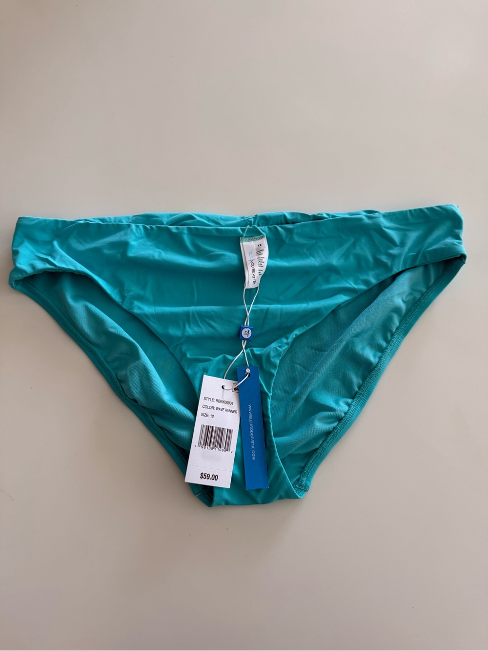 Bleu Rod Beattie Womens Ruched Back Low Rise Bikini Bottom, Wave Runner, 12, NWT